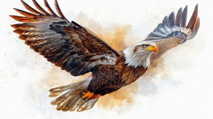 Fototapeta premium Detailed clipart of a single eagle in mid-flight or perched on a branch, showcasing its powerful wings and sharp beak, with a white background for clarity.