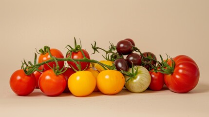 A vibrant arrangement of various tomato types, including Roma and grape tomatoes, on a soft beige background to accentuate their colors.