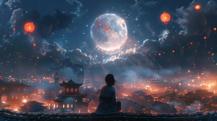 A serene evening overlooking a village under a full moon and glowing lanterns