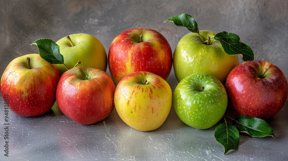 Poster a vibrant display of assorted apple varieties, including fuji, granny smith, and gala, neatly arrang