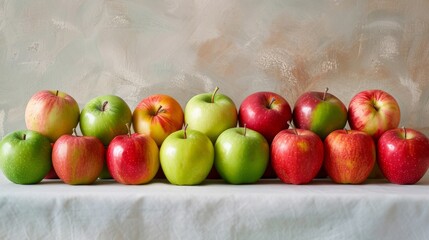 A vibrant display of assorted apple varieties, including Fuji, Granny Smith, and Gala, neatly arranged on a clean, neutral surface for an appealing background.