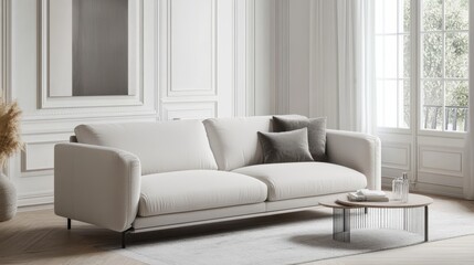 Interior design of a minimalist living room with a sofa and stump pillows. Morning sunlight streams through the window.