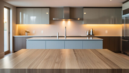 Empty tabletop over defocused kitchen with copy space