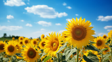 Fototapeta premium Sunflower field with cloudy blue sky