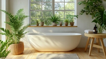 Interior of modern bathroom with white bathtub and chic vanity, black walls, parquet floor, plants, wooden wall paneling, natural light.