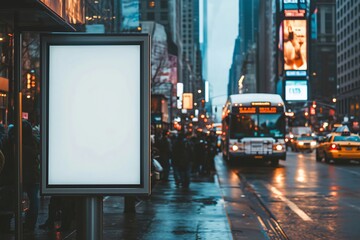 Empty vertical billboard stands on a bustling city street at twilight