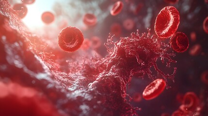 An animated 3D view of a human blood vessel with red blood cells circulating, showcasing the intricate structure of the vessel and the movement of cells.