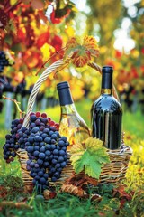 Fototapeta premium Wine glass grape with background of grape plantation winery