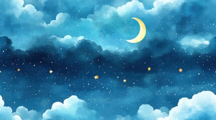 Fototapeta premium Seamless bright watercolor of moon and stars in light blue sky, lovely cartoon style