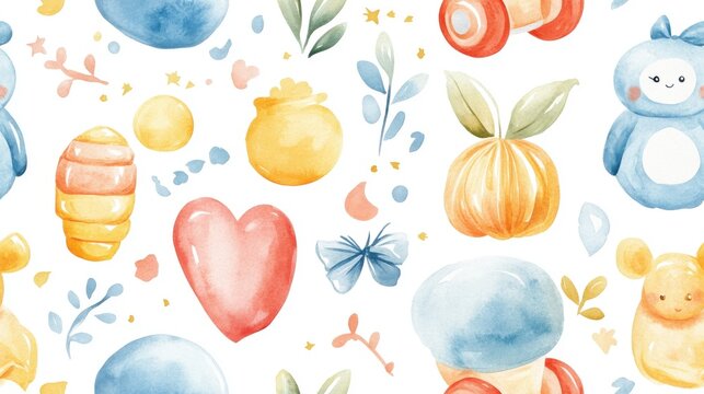 Seamless baby toy set, watercolor headbands, dolls, aprons, nurturing vibe