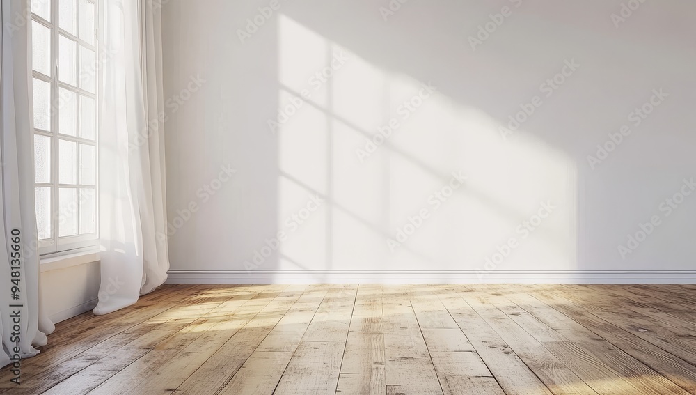 Poster the wall of an empty white room is shadowed by the light streaming through the windows, creating a m