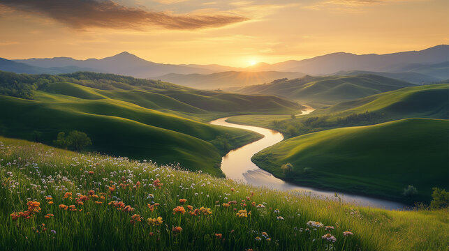 A beautiful landscape with a river running through it. The sun is setting, casting a warm glow over the scene. The mountains in the background add to the sense of tranquility and serenity