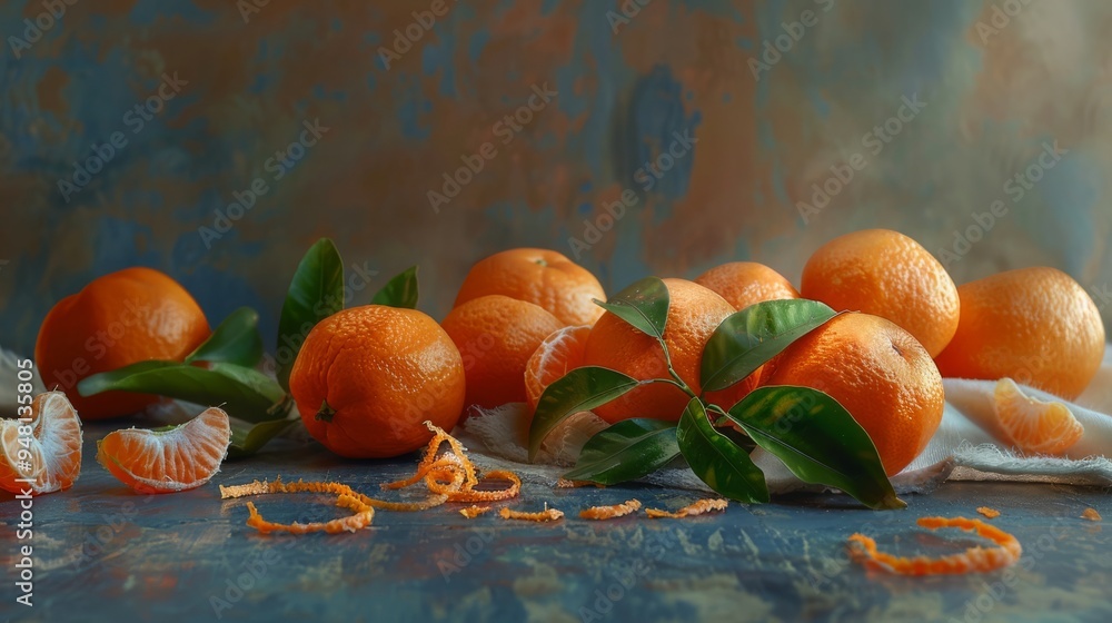 Poster a visually appealing arrangement of tangerines and tangerine zest on a plain background, focusing on