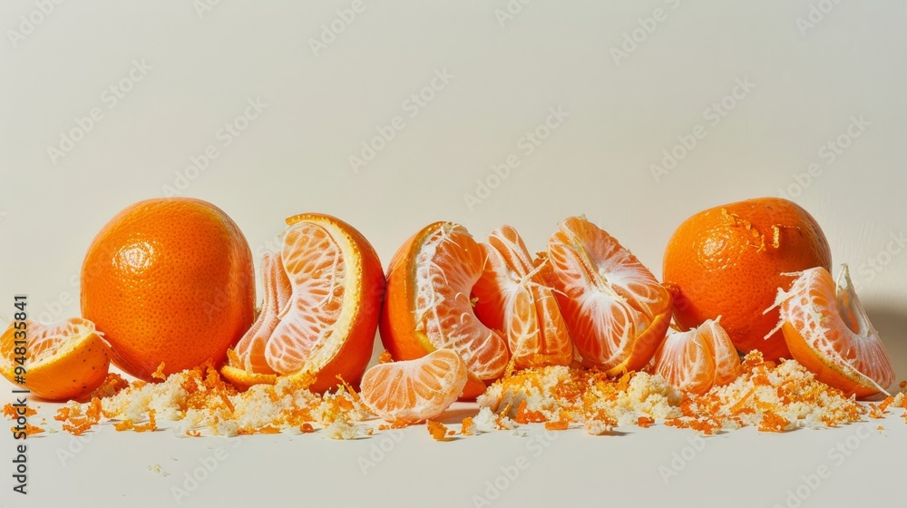 Poster a visually appealing arrangement of tangerines and tangerine zest on a plain background, focusing on