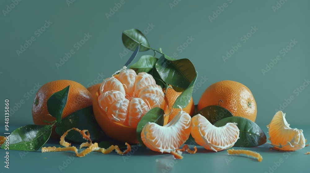 Poster A visually appealing arrangement of tangerines and tangerine zest on a plain background, focusing on the fruit's rich colors and details.