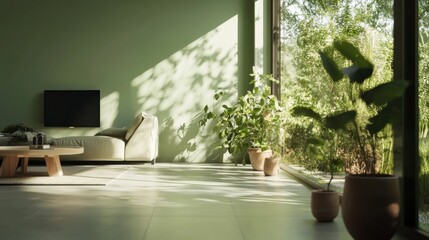 Fototapeta premium Living room with plants and a green sofa for home staging and real estate photography, with copy space text, featuring green plants and a green sofa.