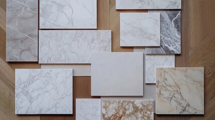 An interior design material flat lay featuring marble, wood, and stone samples in neutral and earthy tones, minimalist photography, trending on Pinterest