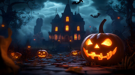 Halloween Night creepy background 3d cartoon style with pumpkin and mansion for banner