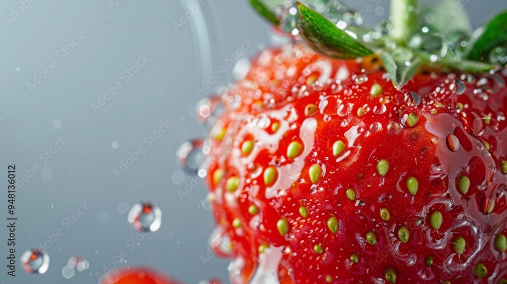 Poster a visually appealing close-up of a strawberry with droplets of water on its surface, placed against 