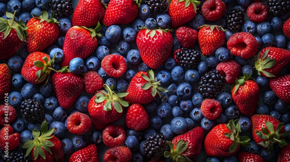 Poster a visually appealing spread of assorted berries with a focus on the bright red of strawberries, the 