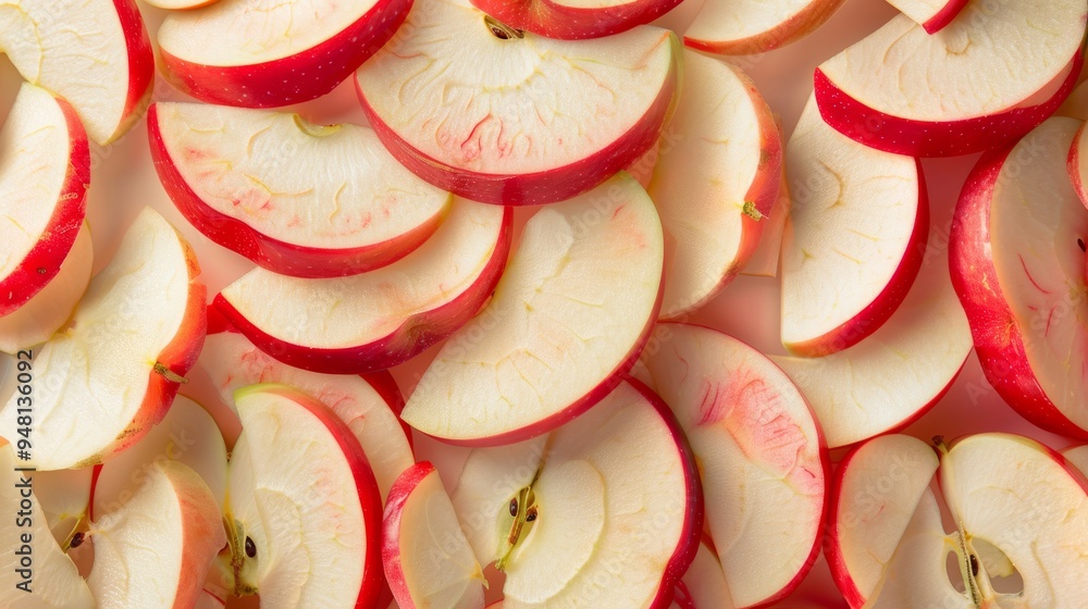 Poster a visually striking composition of apple slices arranged in a circular pattern, emphasizing their vi