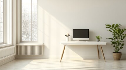 Fototapeta premium Classic minimalist interior design, Scandinavian white room, corner office