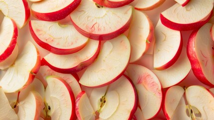 A visually striking composition of apple slices arranged in a circular pattern, emphasizing their vibrant colors and clean, geometric layout.