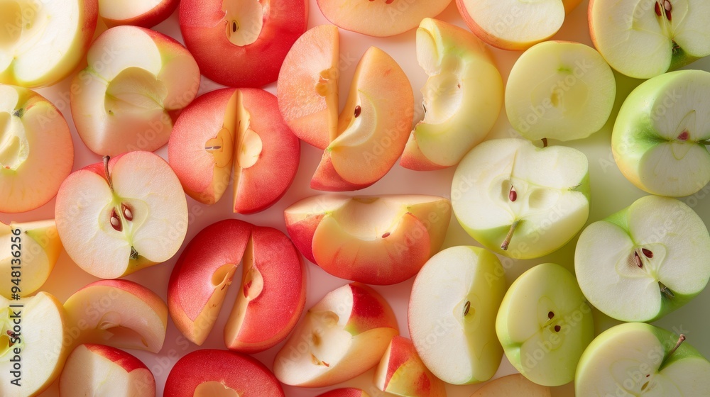 Poster a visually striking composition of apple slices arranged in a circular pattern, emphasizing their vi