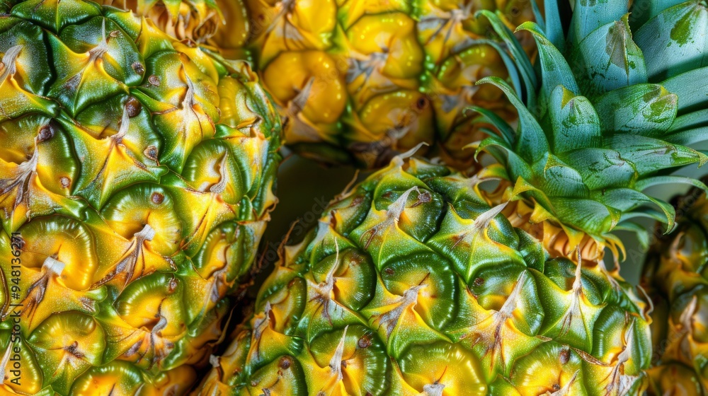 Poster a vivid pineapple texture background with detailed skin and crown, offering a tropical and refreshin