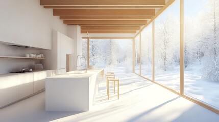 The kitchen of the classic villa in a loft contains big panoramic windows looking out onto a winter...