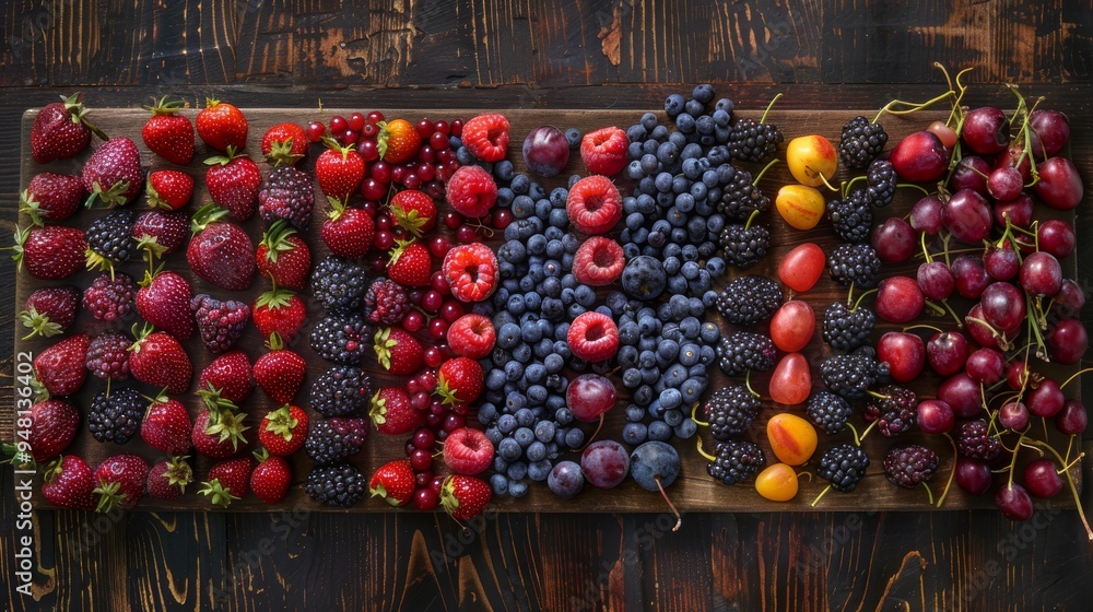 Poster a wide array of juicy, ripe berries arranged artfully on a wooden table, with the natural textures a