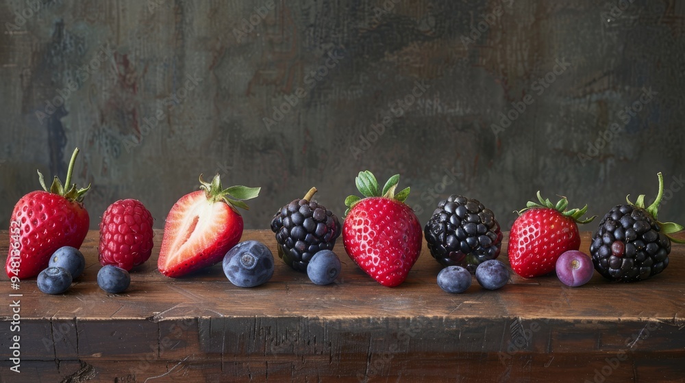 Poster a wide array of juicy, ripe berries arranged artfully on a wooden table, with the natural textures a