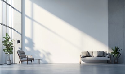 Fototapeta premium This is a 3d render of a minimalist style living room. The room has a concrete floor, white walls, a beige furniture color, and large windows that look out onto the scenery.