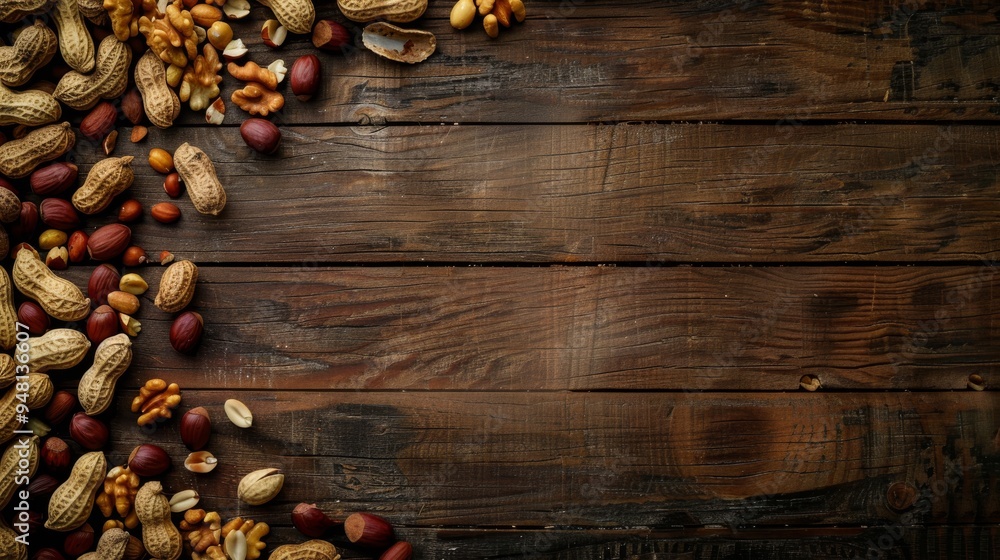 Poster a wide-angle view of a rustic wooden table filled with a variety of peanuts, both shelled and unshel
