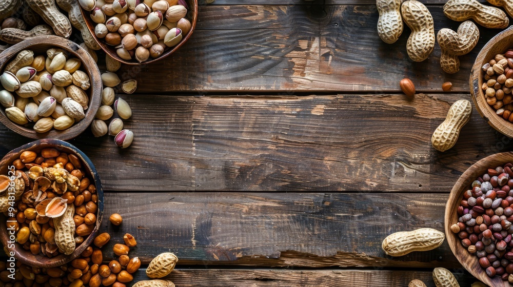 Poster a wide-angle view of a rustic wooden table filled with a variety of peanuts, both shelled and unshel