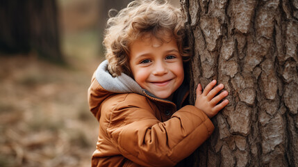 young kid hugging a tree in the forest