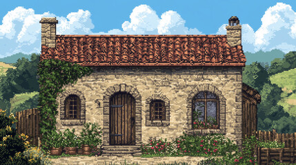 A small house with a red roof and a white door. The house is surrounded by a lush green field. pixel art