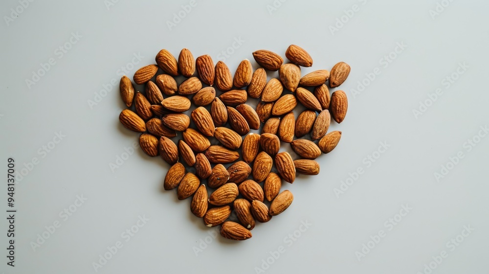 Poster almonds arranged in a heart shape on a white background