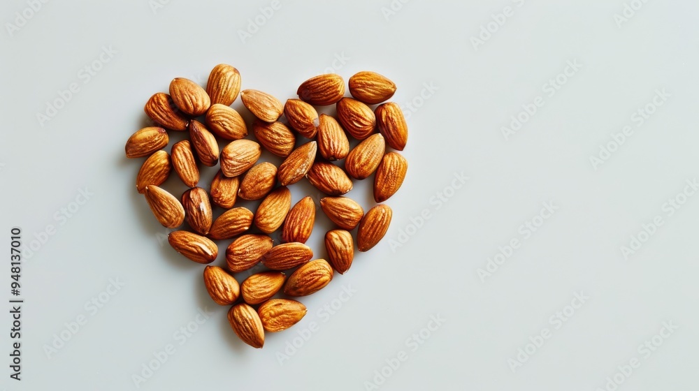 Poster almonds arranged in a heart shape on a white background