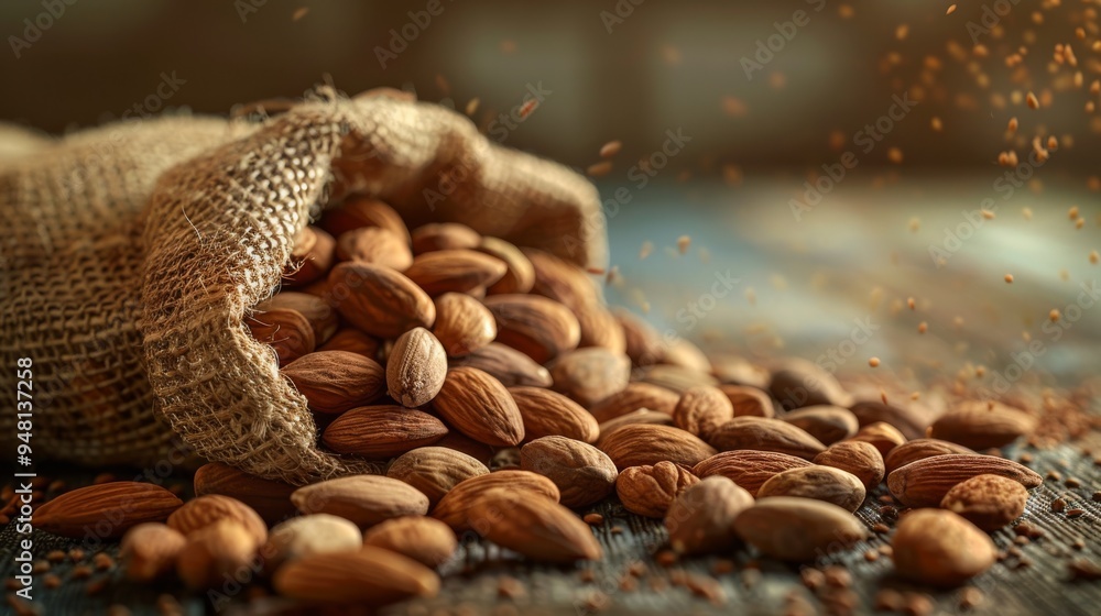 Poster almonds spilling out of a burlap sack onto a rustic surface