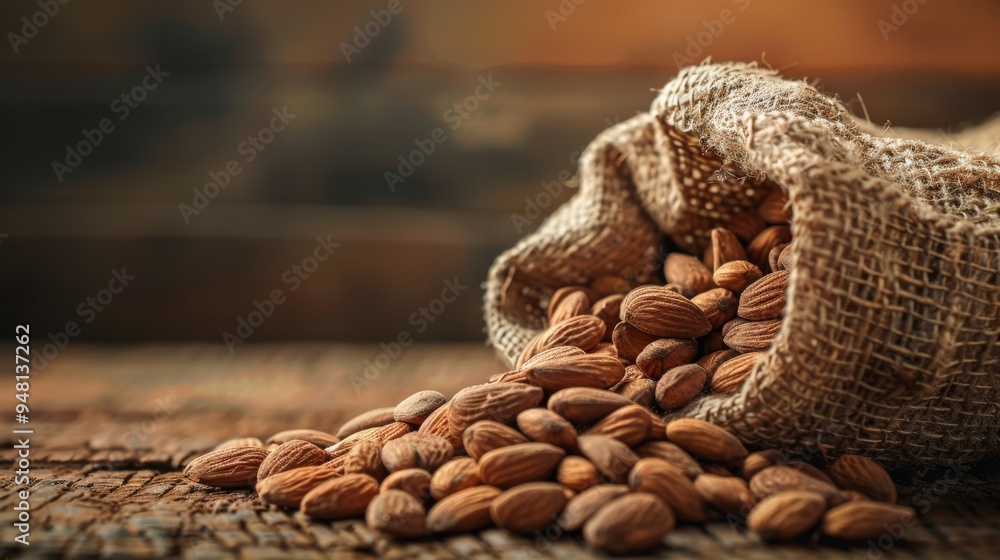 Poster almonds spilling out of a burlap sack onto a rustic surface