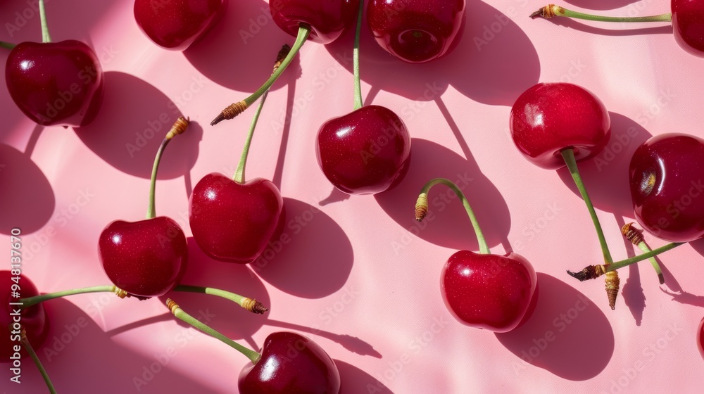 Poster an artistic composition showcasing a spread of glossy, fresh cherries with subtle shadows, creating 