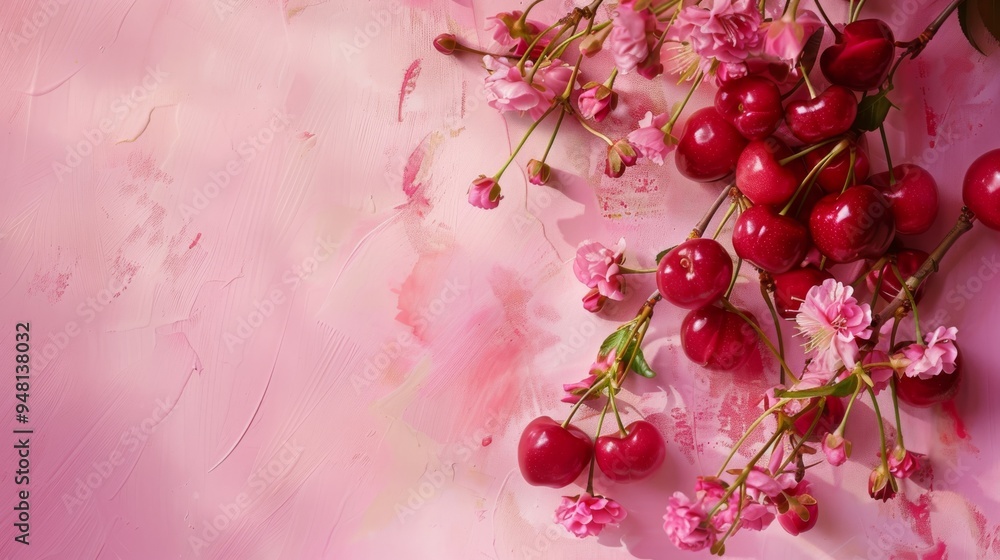 Poster an overhead view of a cherry arrangement with a focus on their vibrant hues and delicate textures, s