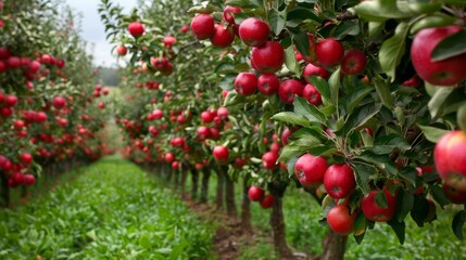 An orchard filled with apple trees heavy with ripe fruit, providing a lush and fruitful background for a natural setting.