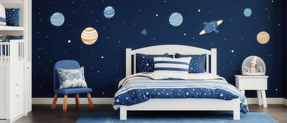 A charming children's bedroom featuring a space theme with painted planets, cozy bedding, and a blue color palette.