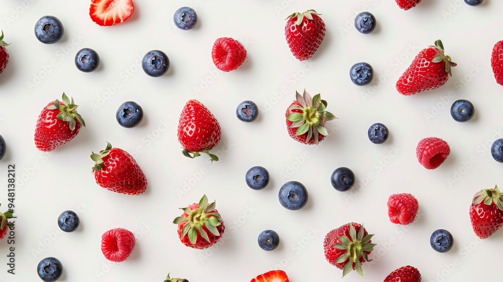 Poster an overhead view of a variety of berries including strawberries, blueberries, and raspberries spread