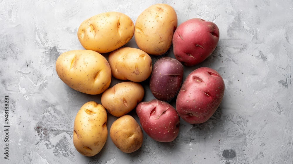 Poster An overhead view of a group of potatoes with different shapes and sizes on a clean surface Close-up photo with clean background --ar 16:9 Job ID: ba8718f1-08aa-49e0-8c46-1bd93e336c74