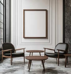 A 3D render of a poster frame in a minimalist modern interior, showing the frame's frame and background