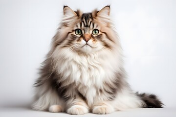 A beautiful ragamuffin cat with a fluffy coat and sweet expression sitting on a white background, AI Generated