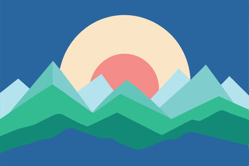 a sunset over a mountain range, with the mountains in shades of blue and green